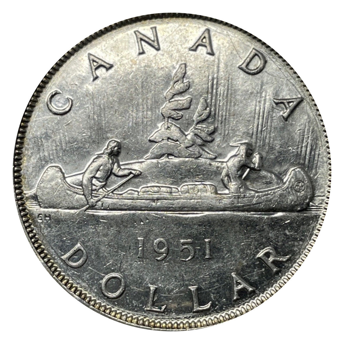 1951 Canadian Silver Dollar Coin 4 Water Lines  VF