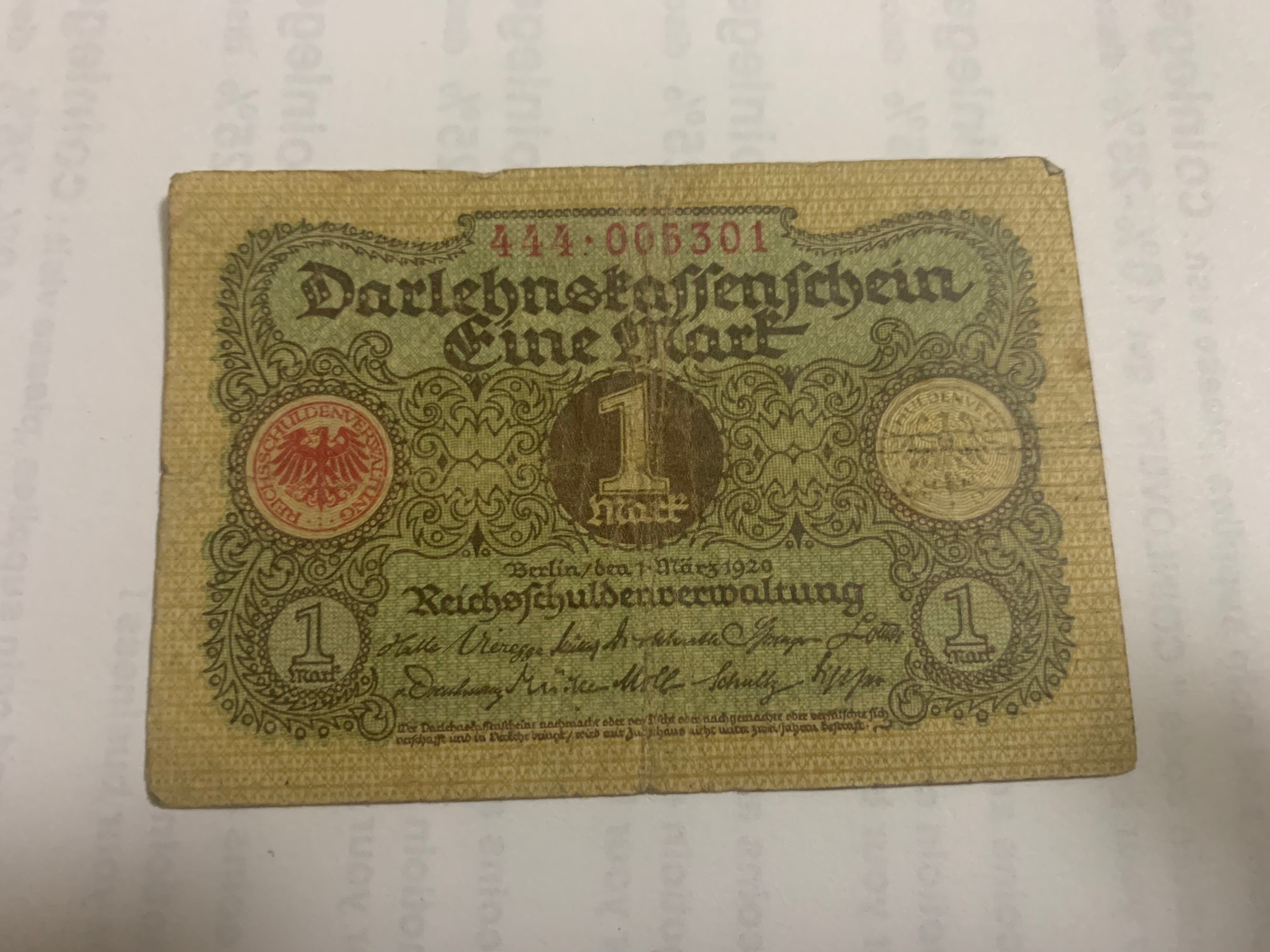 1920 Germany  One Mark   Banknotes Circulated