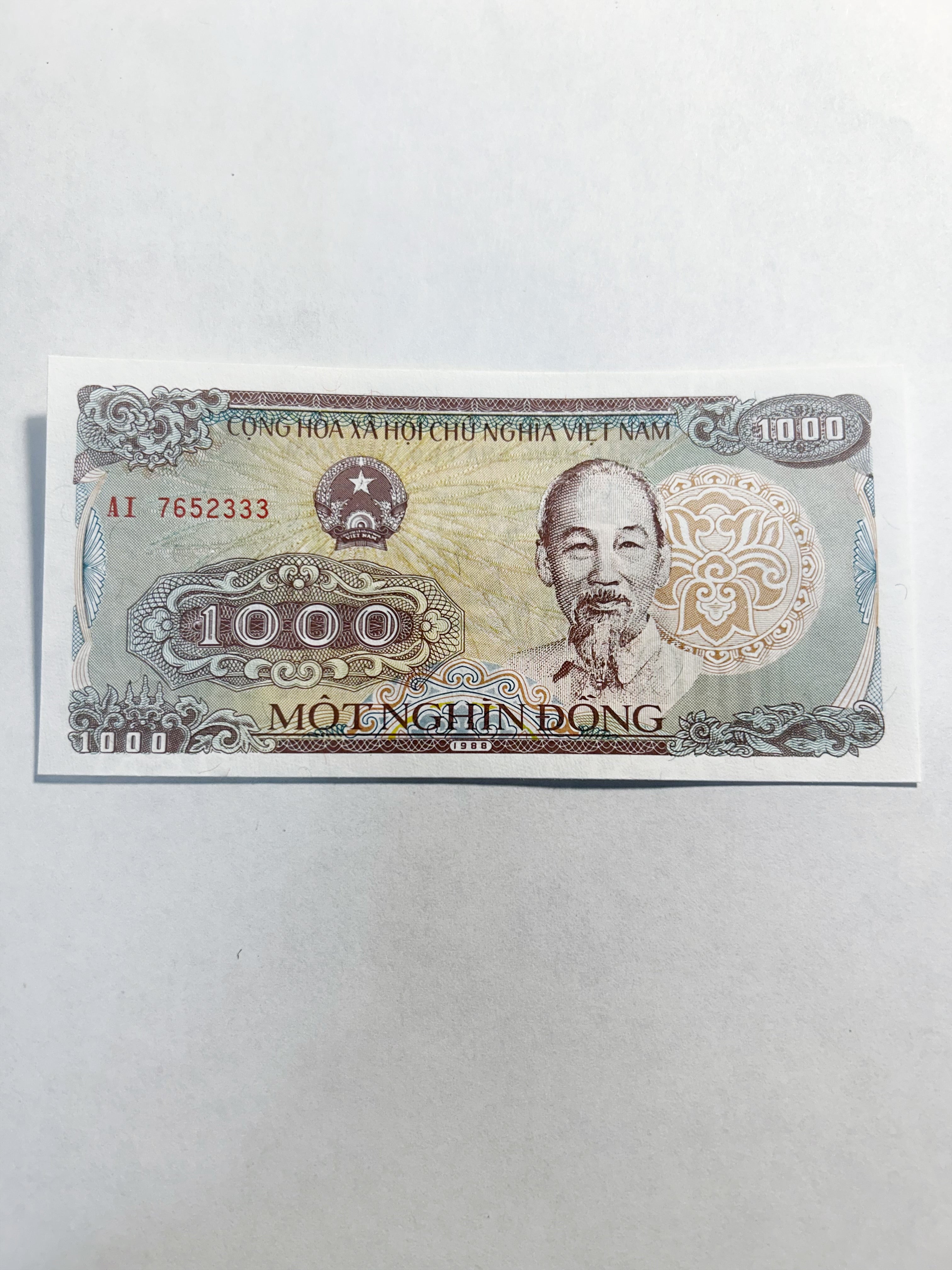 Vietnam 1000 Dong 1988 Fancy Triple 333 Serial AI7652333 UNC