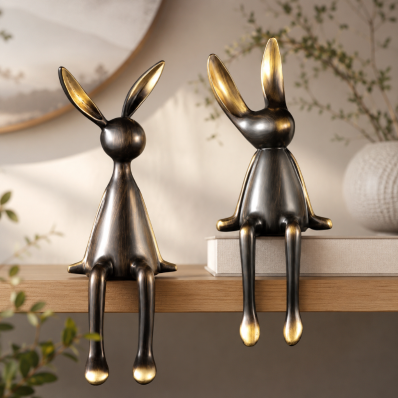 Luxury Brass Rabbit Shelf Decor Set – Modern Nordic Sitting Bunny Figurines for Living Room Office & Entryway