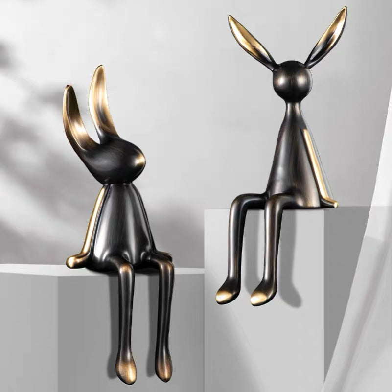 Luxury Brass Rabbit Shelf Decor Set – Modern Nordic Sitting Bunny Figurines for Living Room Office & Entryway