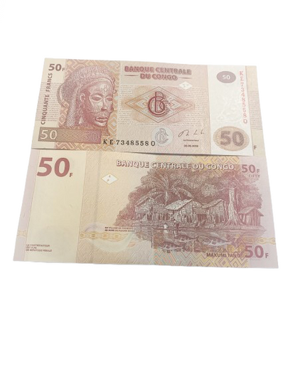 2013 Congo 50 Francs Banknote – Tribal Mask & Village Scene – UNC