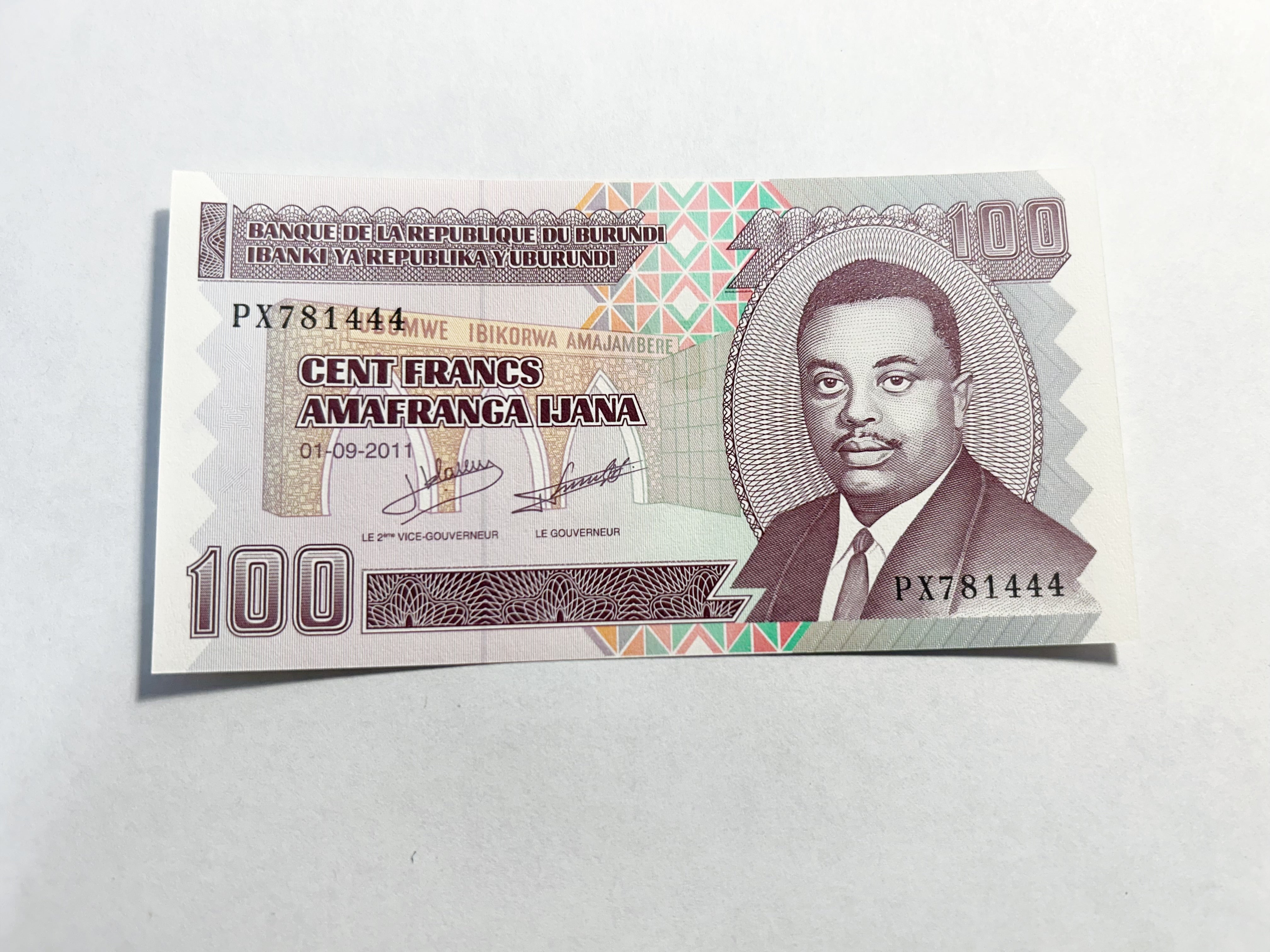 Burundi 100 Francs 2011 Fancy Triple 444 Serial PX781444 UNC