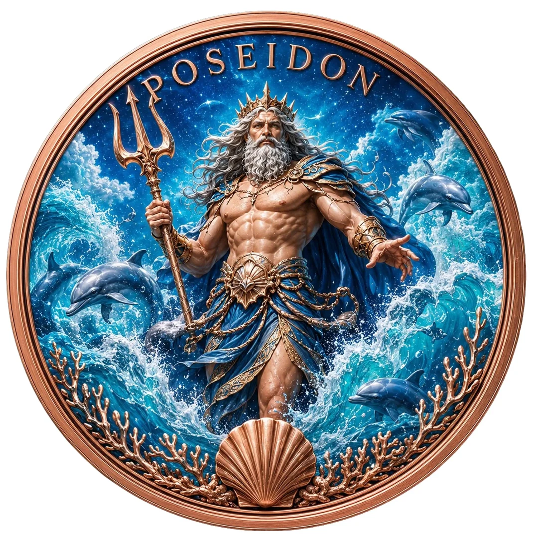 Poseidon God of the Sea 1 oz. 3D High Relief Colourized Pure Copper Round