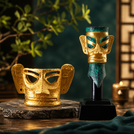 Ancient Guardians Set Golden Mask & Bronze Totem Sculptures  Decor
