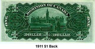 1911  Canada $1 One Dollar Banknote  Series U Black Line with Hyphen F