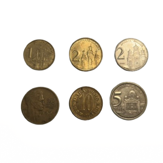 Yugoslavia & Serbia Dinar Coin Lot (6 Coins) – 1,2,5,10,20 Dinars – Mixed Years