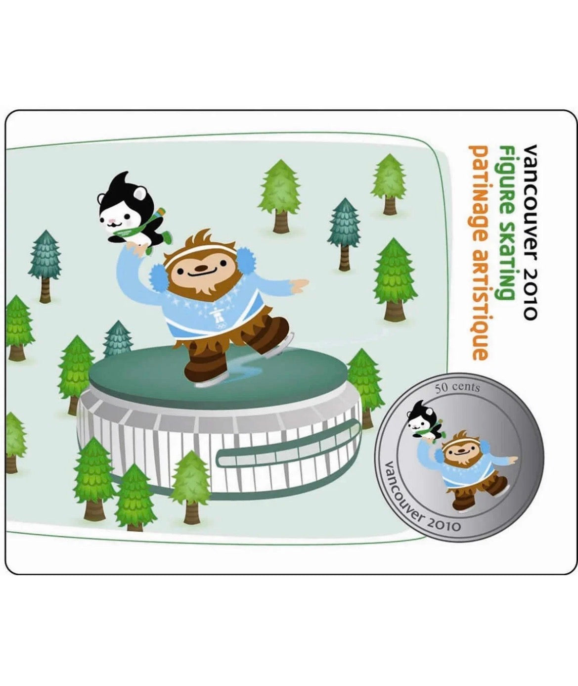 2010 Canada 50-cent Olympic Mascot Collector Card - Quatchi Skating & Miga Figure