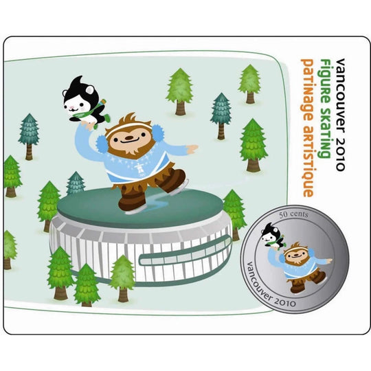 2010 Canada 50-cent Olympic Mascot Collector Card - Quatchi Skating & Miga Figure