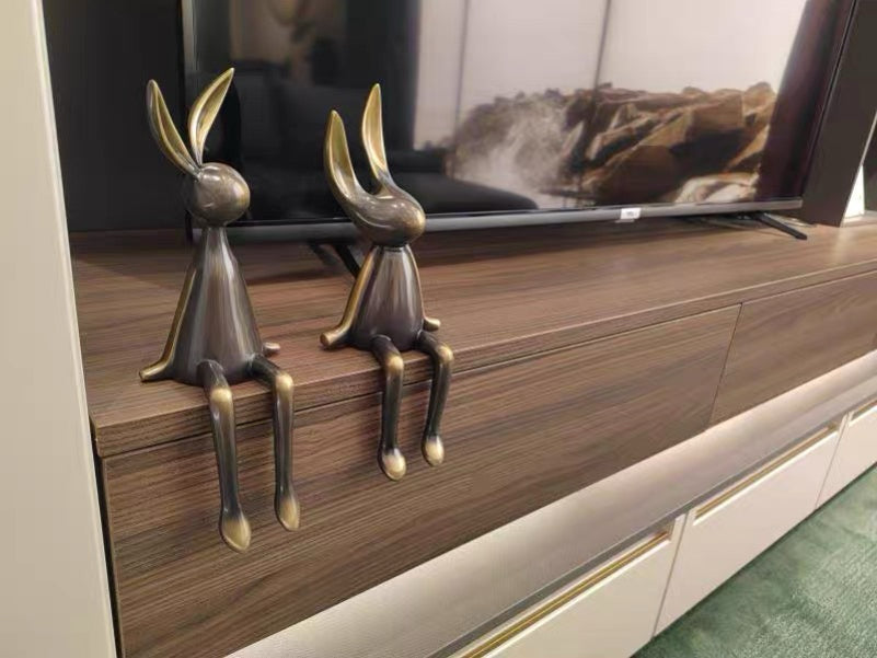 Luxury Brass Rabbit Shelf Decor Set – Modern Nordic Sitting Bunny Figurines for Living Room Office & Entryway
