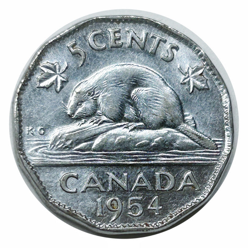 Pièce canadienne de 5 cents en nickel castor de 1954 (circulée) AU