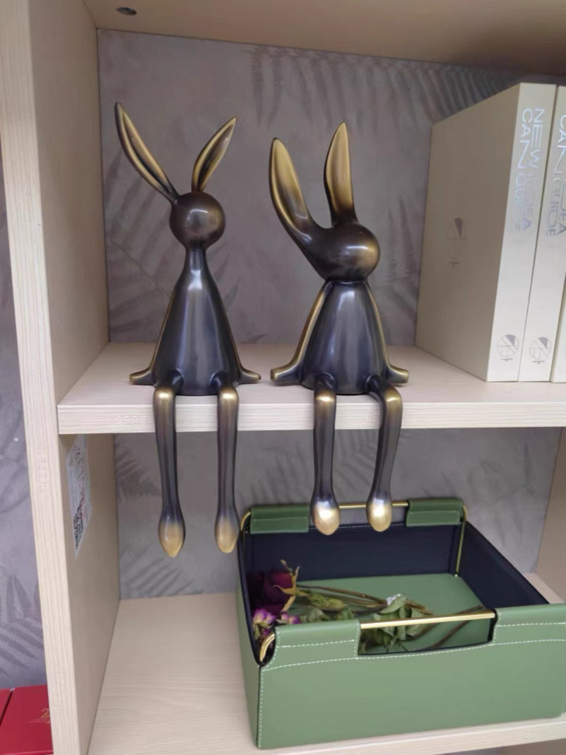 Luxury Brass Rabbit Shelf Decor Set – Modern Nordic Sitting Bunny Figurines for Living Room Office & Entryway