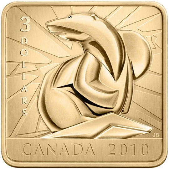 2010 Canada $3 Polar Bear Wildlife Conservation Gold Plated Silver Square Coin