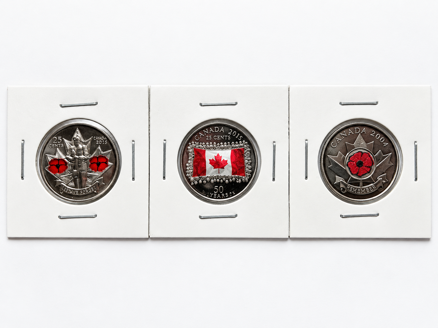 Canada Remembrance Poppy & Flag 25 Cent Commemorative Coin Set – 3 Coins