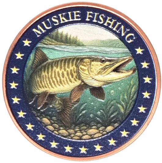 Canada Muskie Fishing 1 oz Pure Copper Colorized Bullion Round Fish Coin