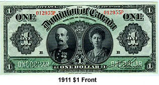1911  Canada $1 One Dollar Banknote  Series U Black Line with Hyphen F