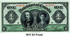 1911  Canada $1 One Dollar Banknote  Series U Black Line with Hyphen F