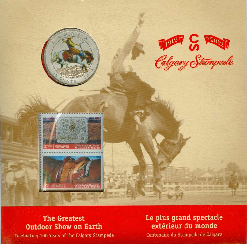 2012 CANADA 25 cent Calgary Stampede 100th Anniversary coloured quarter & stamps Set