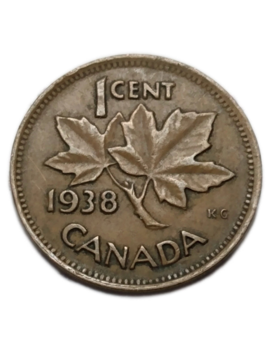 1 Cent kanadischer Penny von 1938 im Umlauf, sehr guter Zustand