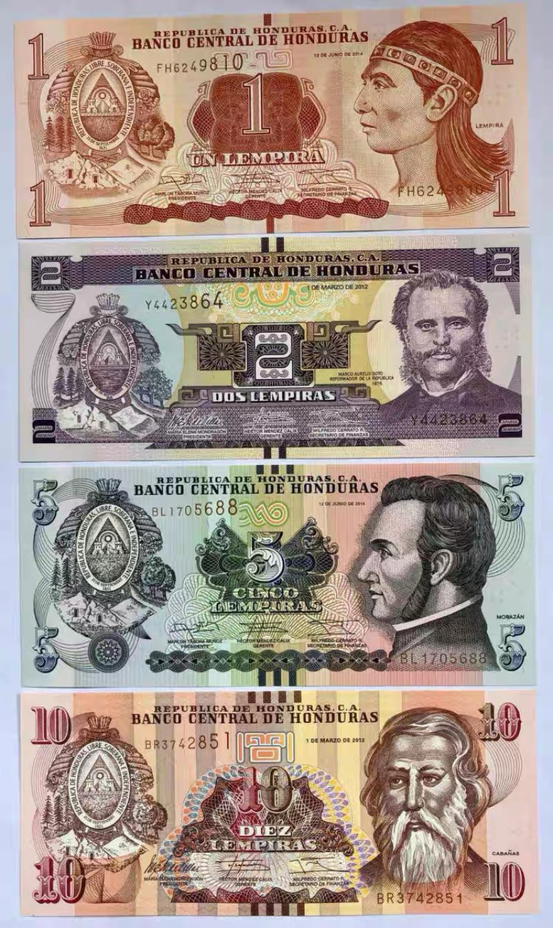 Honduras 1, 2, 5 & 10 Lempiras Banknote Set 4 PCS UNC Uncirculated Currency
