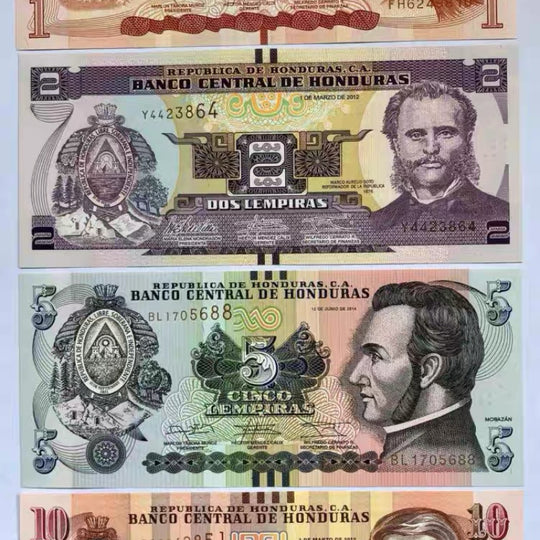 Honduras 1, 2, 5 & 10 Lempiras Banknote Set 4 PCS UNC Uncirculated Currency