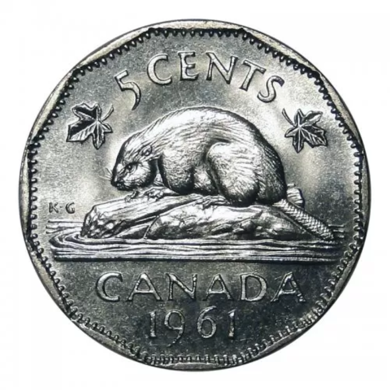 Pièce de 5 cents en nickel canadien de 1961. Canada Five Cents Castor BU