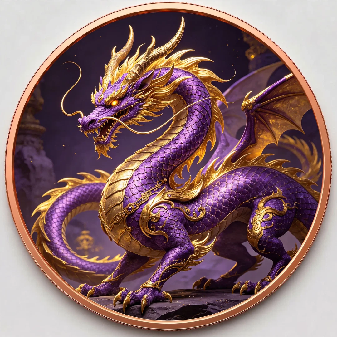 Imperial Purple Dragon 1 oz. 3D High Relief Colourized Pure Copper Round
