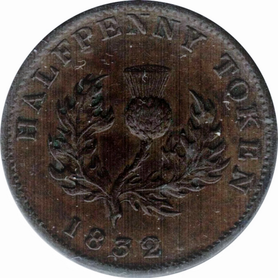 1832 Nova Scotia 0.5 Penny Trade Token Long Right Ribbon Engrailed