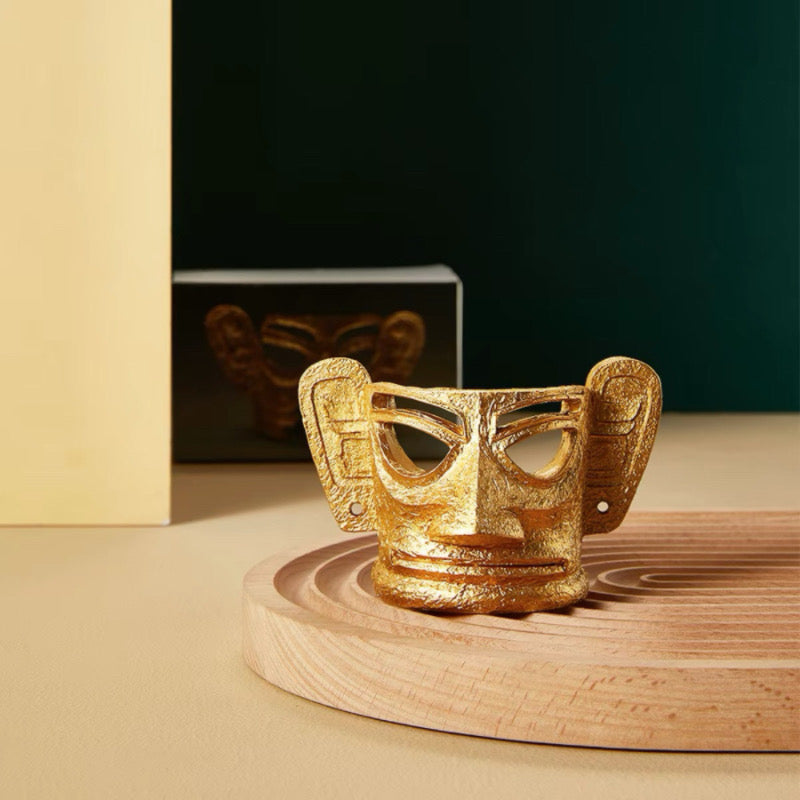 Ancient Guardians Set | Golden Mask & Bronze Totem Sculptures | Unique Collectible Decor