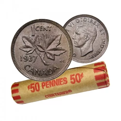 1937  Canadian 1-Cent Maple Leaf Twig Penny Coin Roll VG (50 Coins)
