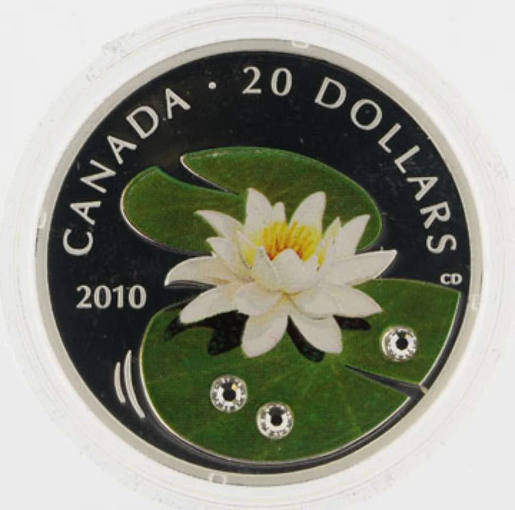 2010 Canada $20 Water Lily Swarovski Crystals .9999 Silver Proof Coin