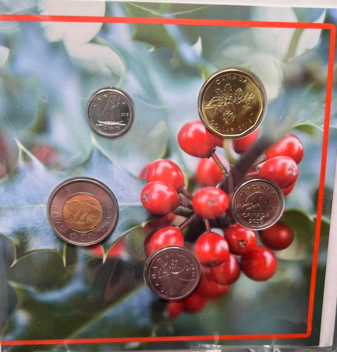 2016 Canada Base 5 Coins Metal Set Peace and Joy incl. $1 Holly Leaves and Pine Cone
