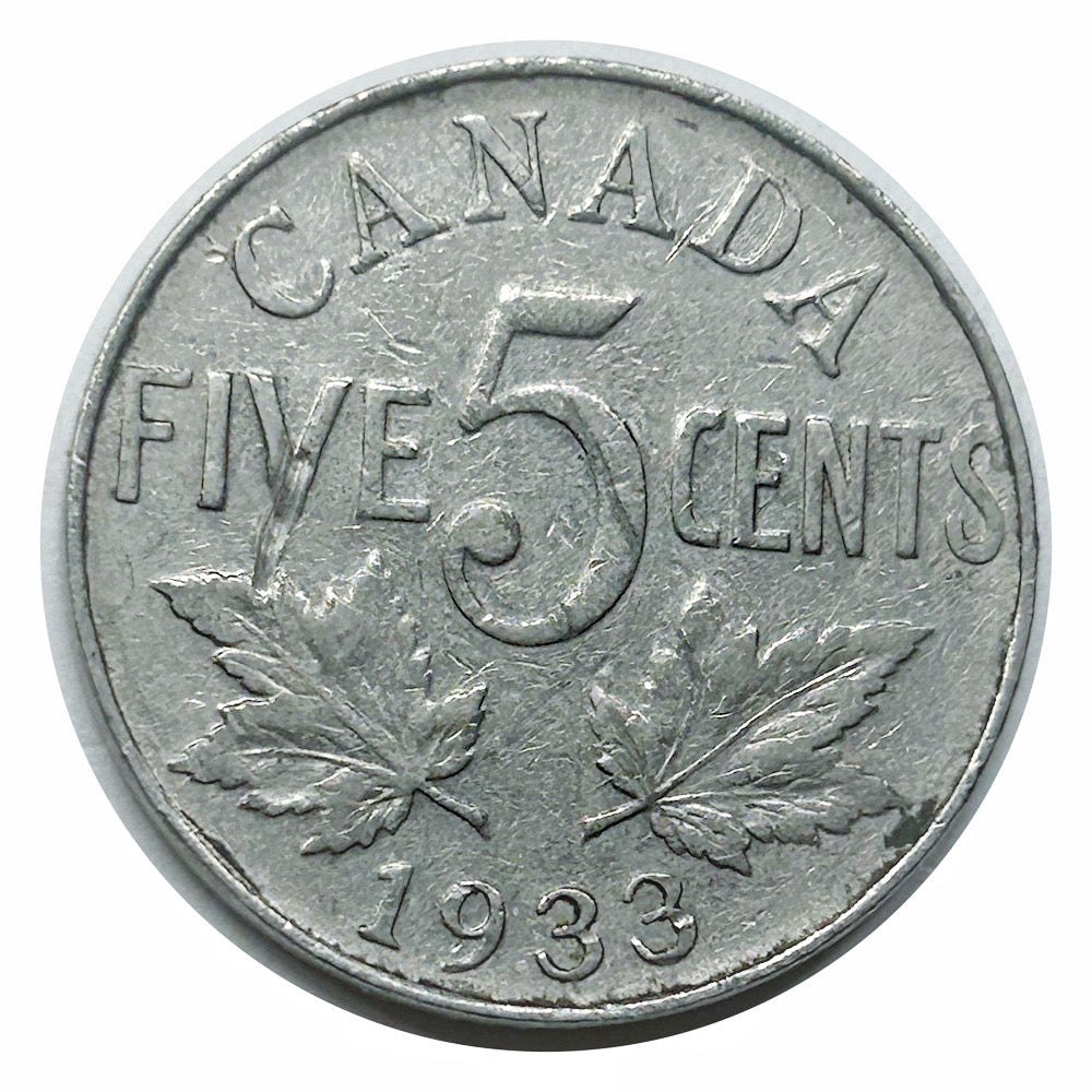 Pièce canadienne de 5 cents en nickel castor de 1933 (circulée) VG