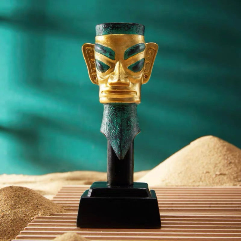 Ancient Guardians Set | Golden Mask & Bronze Totem Sculptures | Unique Collectible Decor