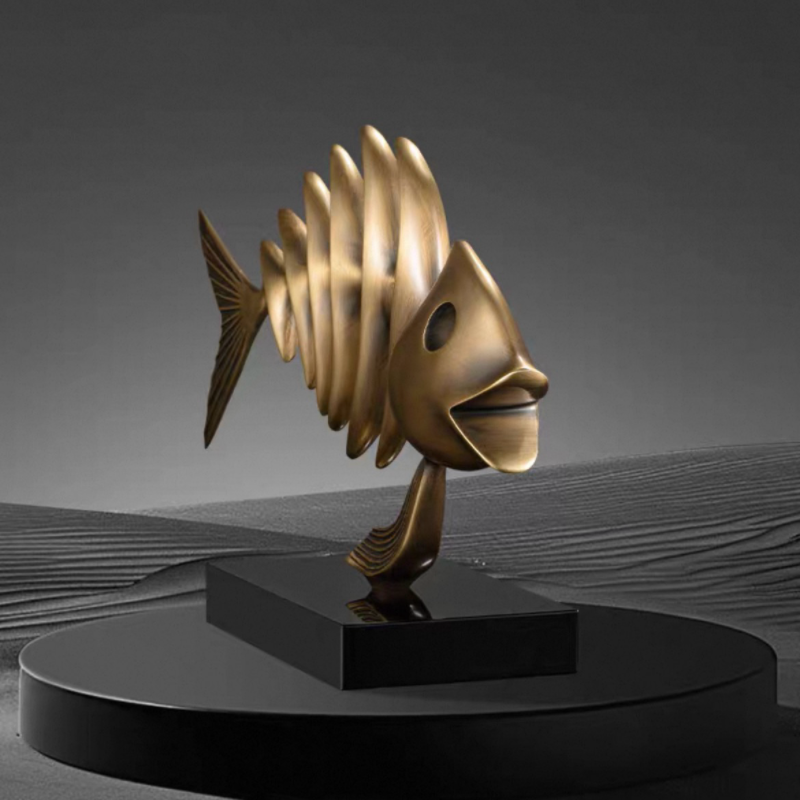 Modern Brass Fish Skeleton Sculpture – Luxury Abstract Coastal Home Decor Statue