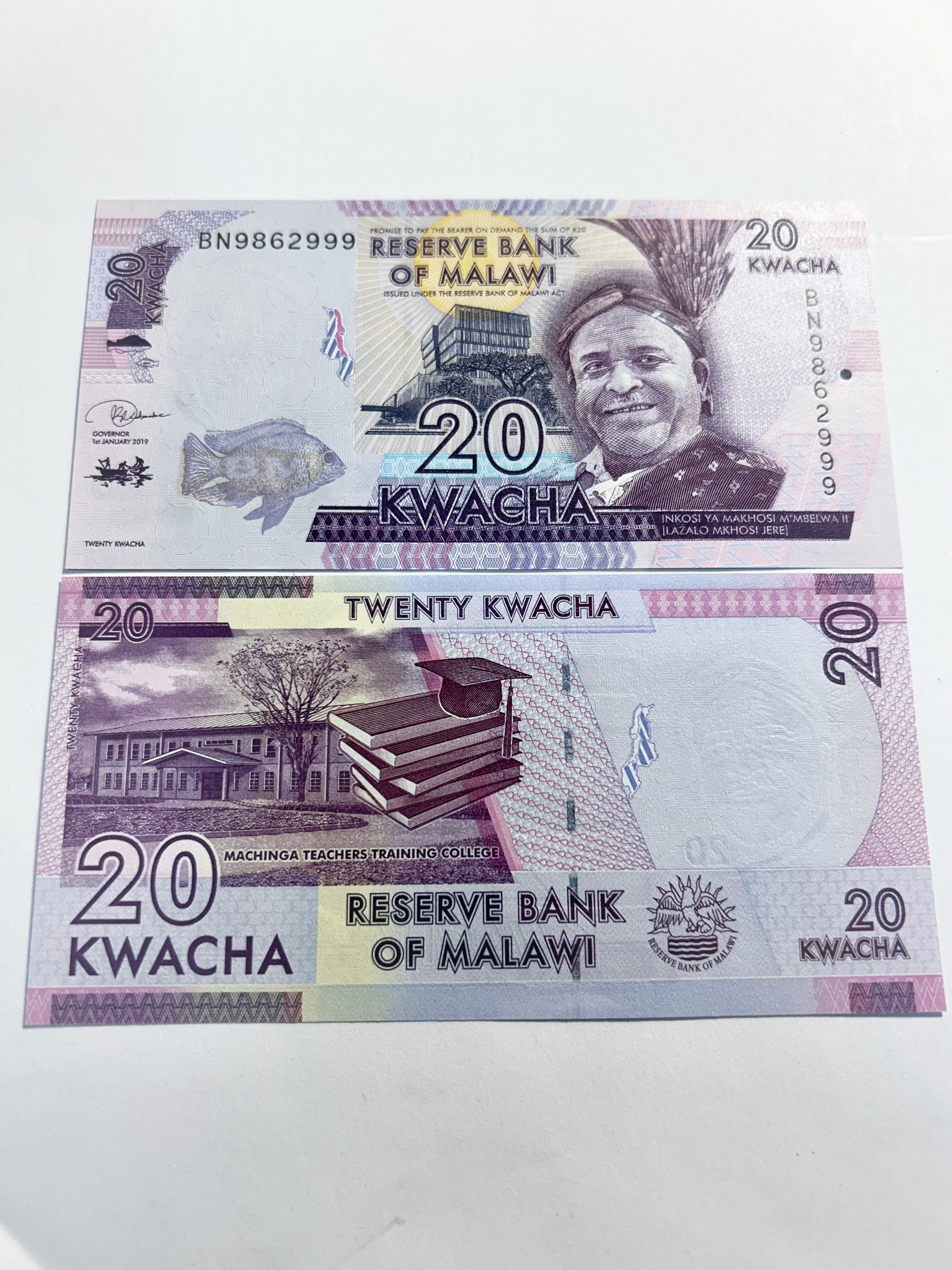 2019 Malawi 20 Kwacha  Fancy  999 Ending Serial Banknote  UNC