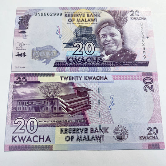 2019 Malawi 20 Kwacha  Fancy  999 Ending Serial Banknote  UNC
