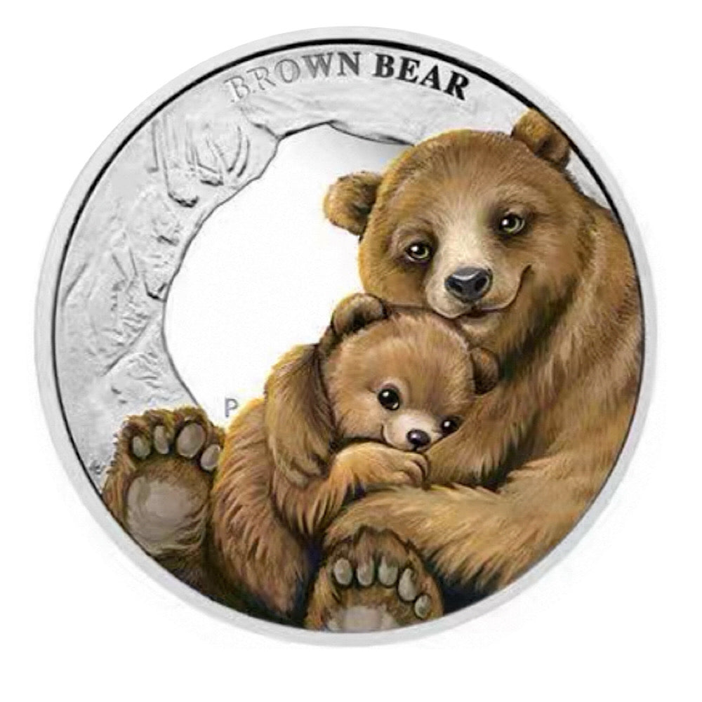 Lucky Coin Brown Bear Mother & Cub  Gift Colored in Protective Plastic Capsule