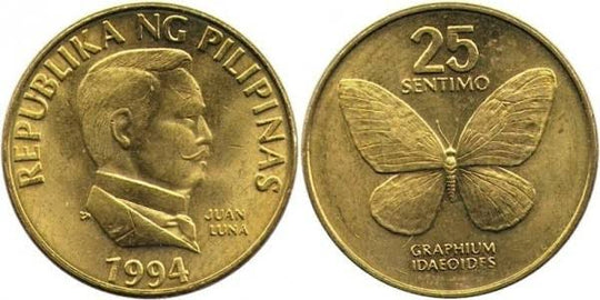 1994 Philippines 25 Sentimo KM#241.2. 25 Cents coin. Butterfly BU
