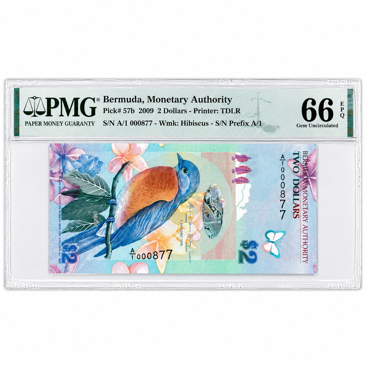 Bermuda 2009 $2 P-57b PMG 66 EPQ Gem UNC A/1 Low Serial 000877 Bird