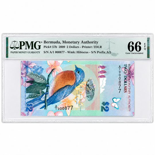Bermuda 2009 $2 P-57b PMG 66 EPQ Gem UNC A/1 Low Serial 000877 Bird
