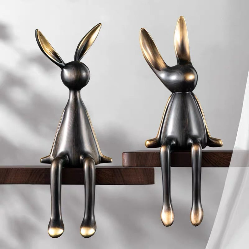Luxury Brass Rabbit Shelf Decor Set – Modern Nordic Sitting Bunny Figurines for Living Room Office & Entryway