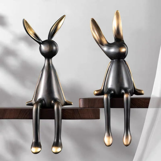 Luxury Brass Rabbit Shelf Decor Set – Modern Nordic Sitting Bunny Figurines for Living Room Office & Entryway