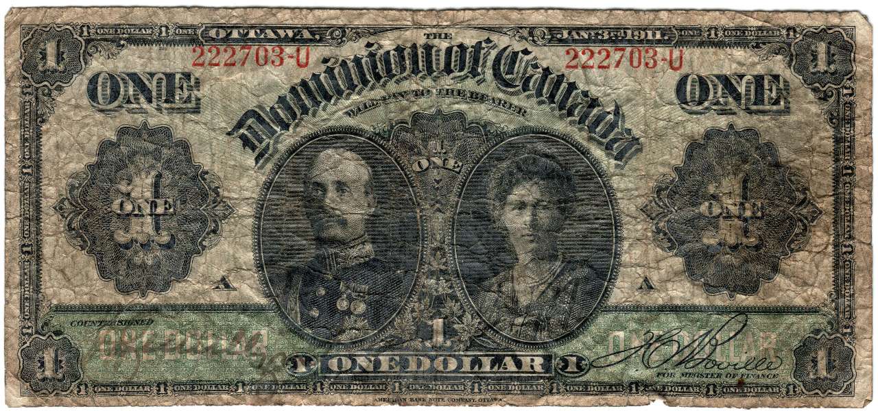 1911  Canada $1 One Dollar Banknote  Series U Black Line with Hyphen F