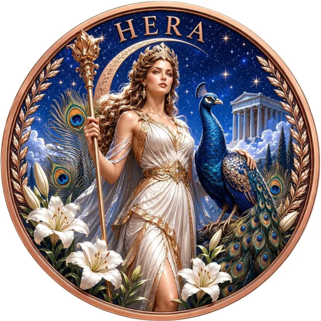 Queen Hera & Peacock 1 oz. 3D High Relief Colourized Pure Copper Round!!