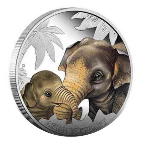 Lucky Coin - Elephant- Craft Gift Coin Colored in Protective Plastic Capsule Silver plated