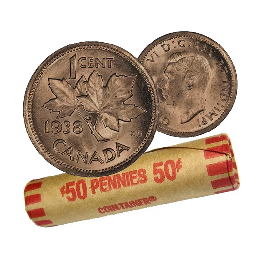 1938 Canadian 1-Cent Maple Leaf Twig Penny Coin Roll VG (50 Coins)