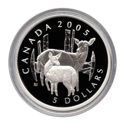 2005 Canada $5 White-Tailed Deer and Fawn .9999 Silver Proof Coin