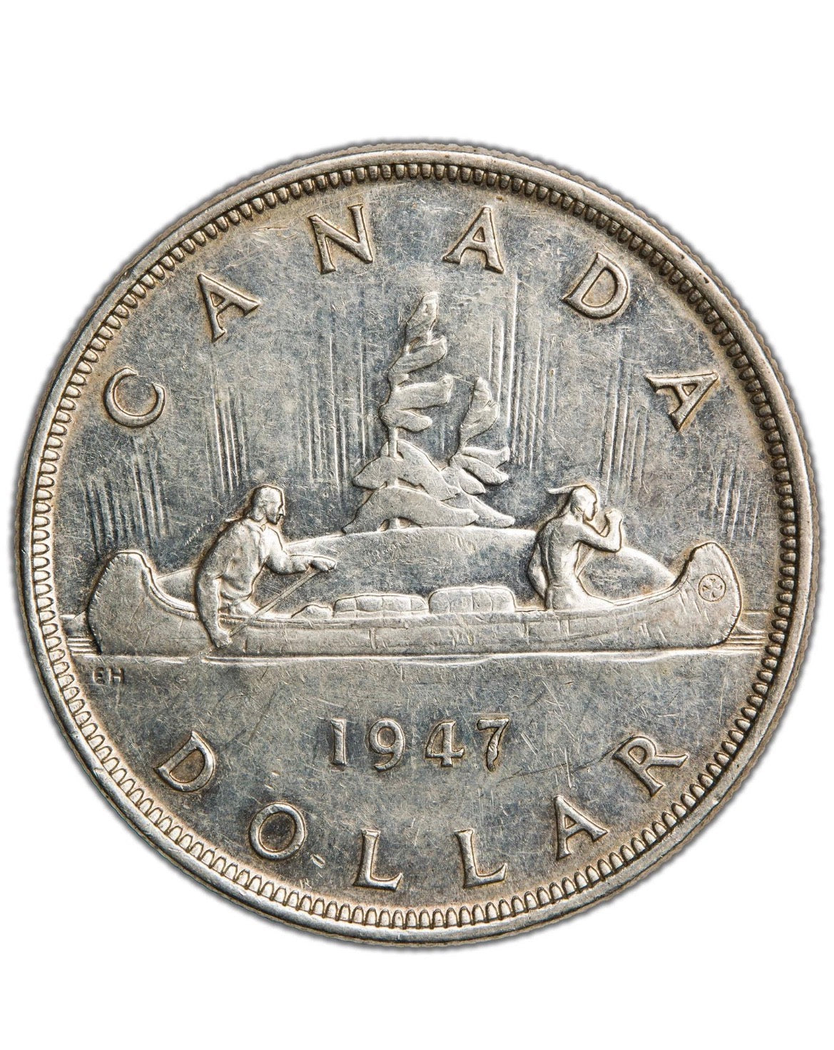 1947 Canadian Silver Dollar Coin Pointed 7  VF