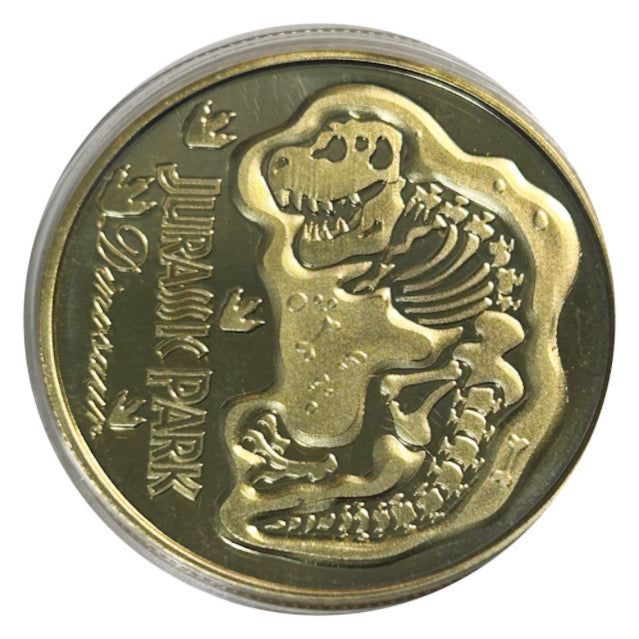 Lucky Copper Coin Jurassic Park T-Rex Fossil in Plastic Capsule